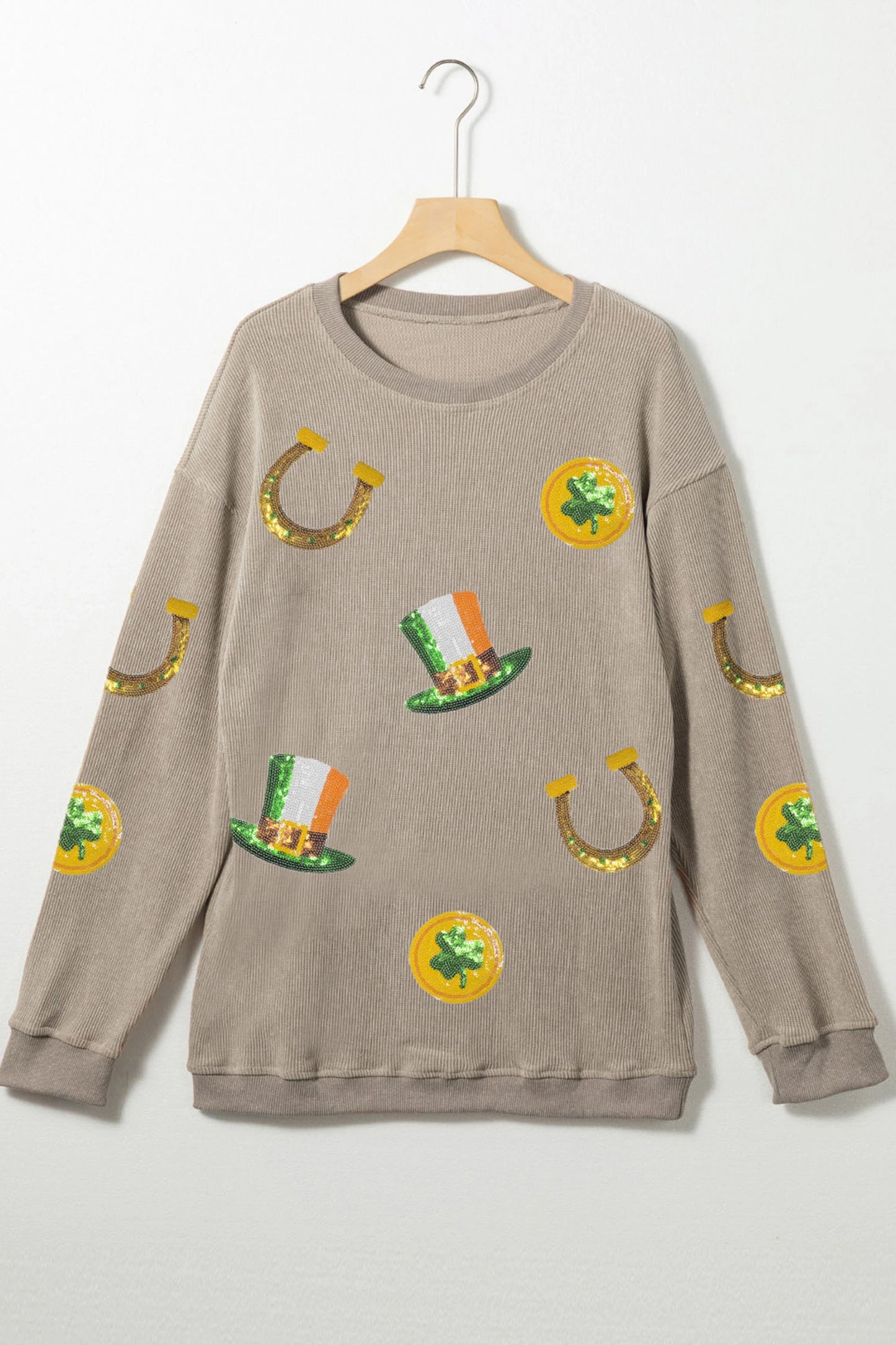 Khaki Sequin Lucky Graphic Corded Ribbed Sweatshirt