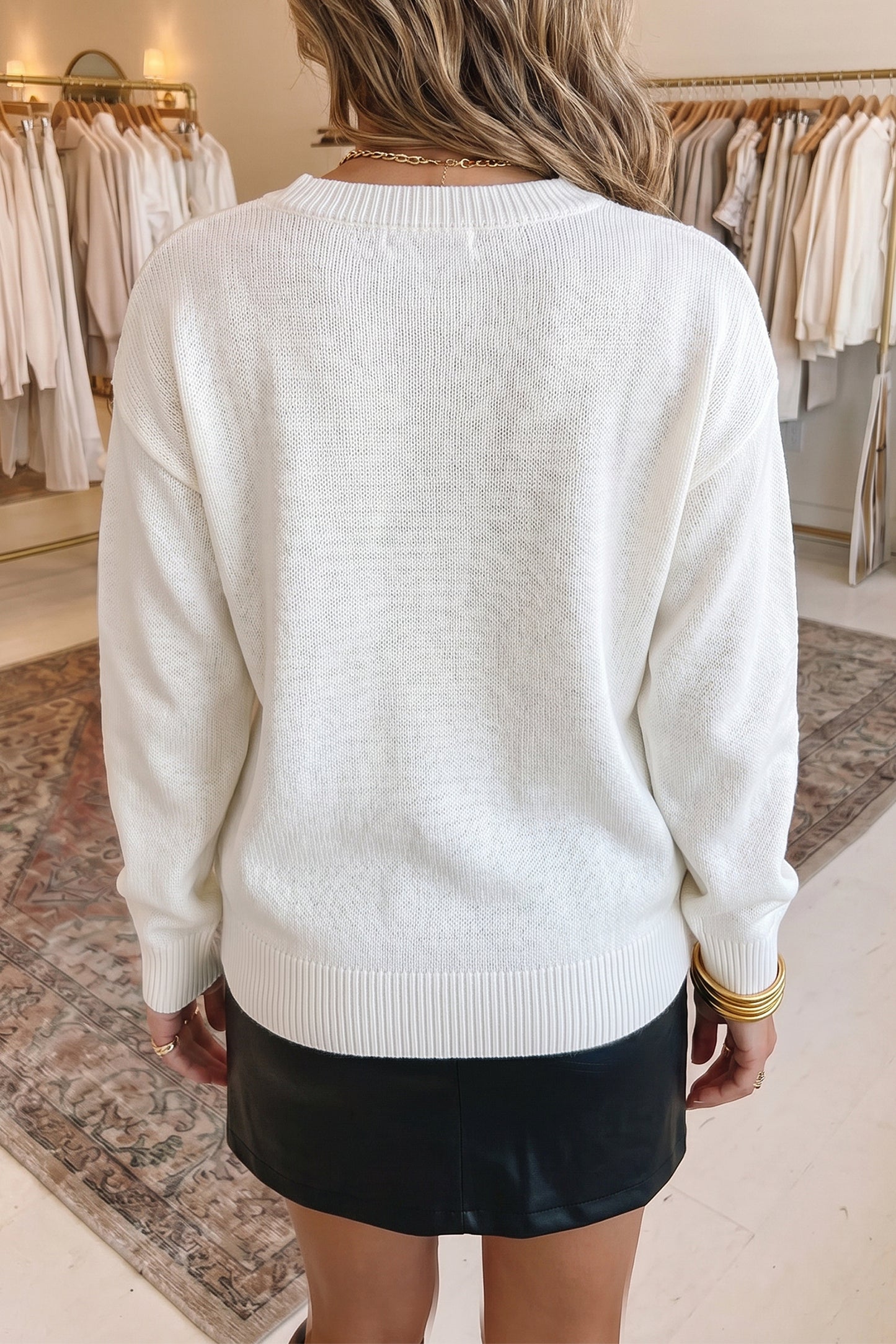White Bird Pattern Drop Shoulder Knit Pullover Sweater