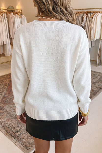 White Bird Pattern Drop Shoulder Knit Pullover Sweater