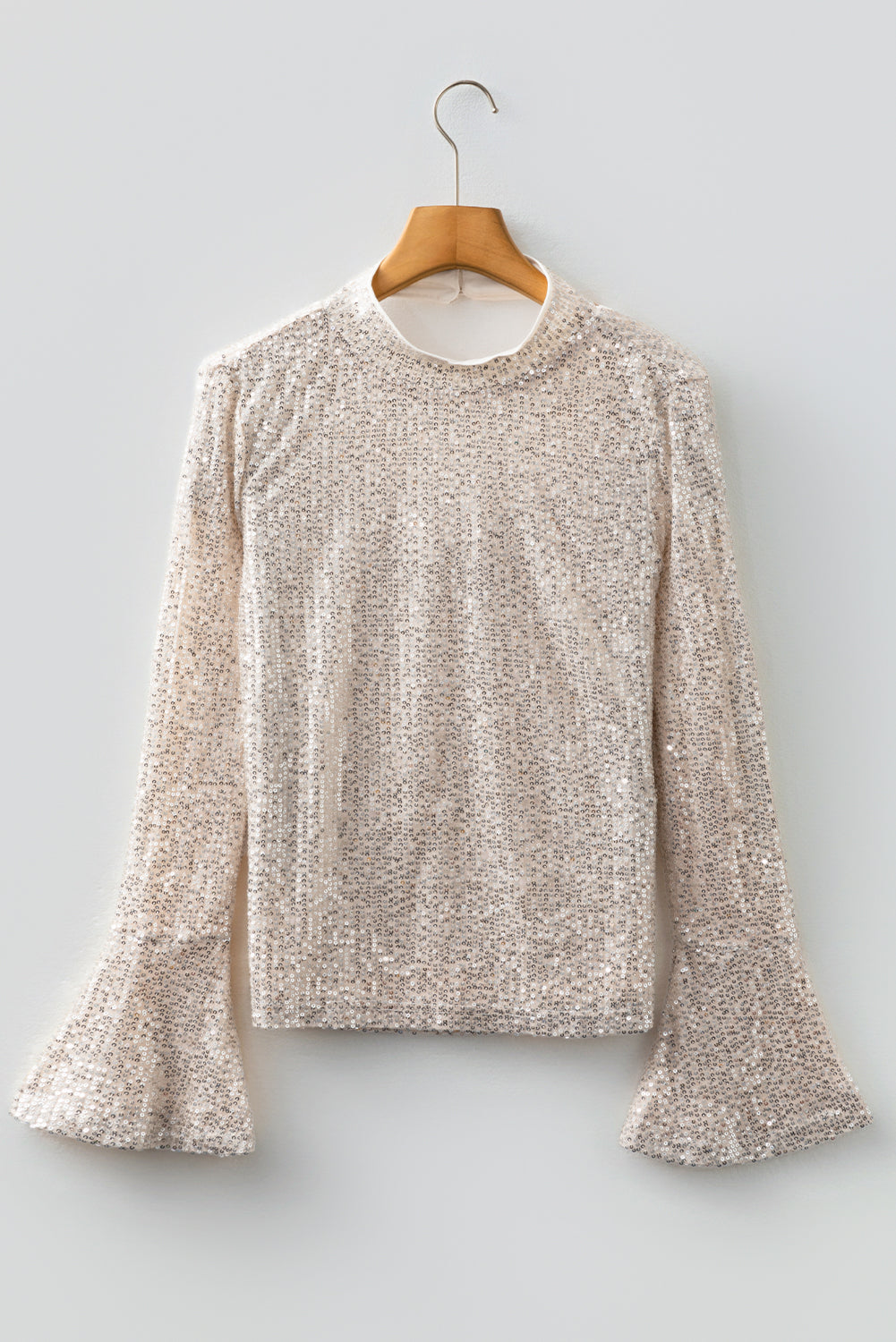 Sparkly Black Sequin Mock Neck Open Back Bell Sleeve Top