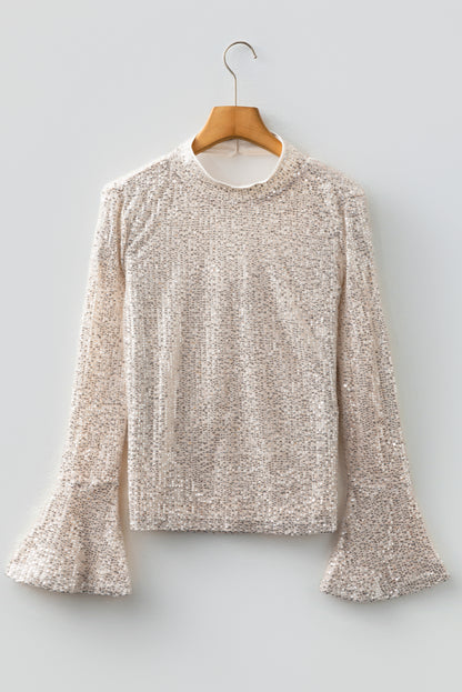 Sparkly Black Sequin Mock Neck Open Back Bell Sleeve Top