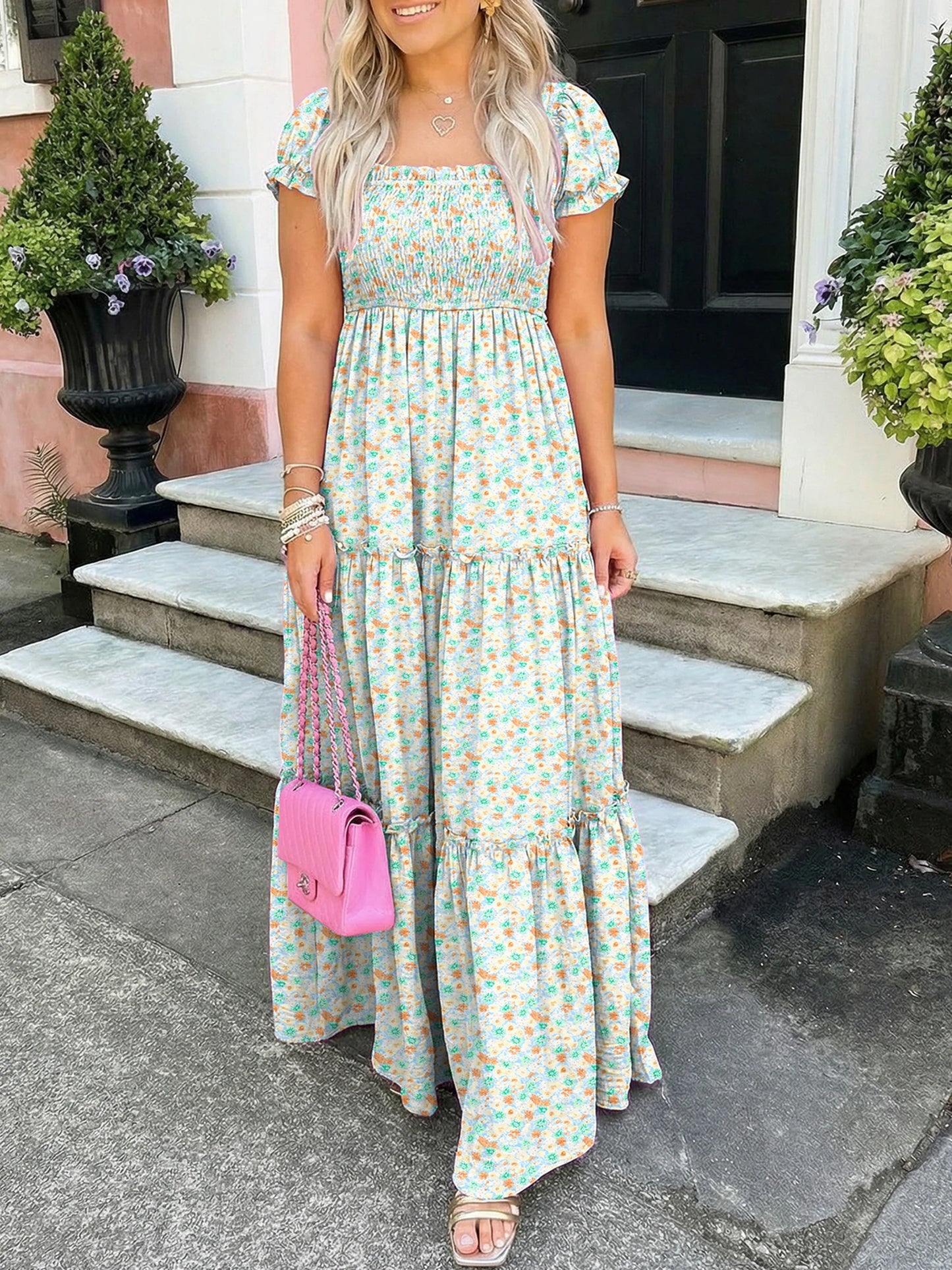 Purple Floral Off Shoulder Smocked Maxi Dress