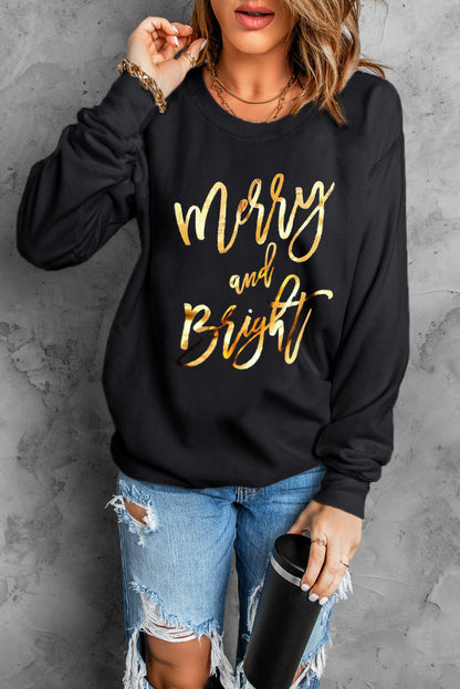 Black Merry and Bright Christmas Graphic Pullover Sweatshirt