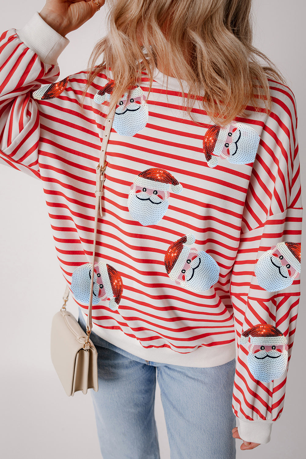 Sequin Santa Claus Striped Christmas Pullover Sweatshirt