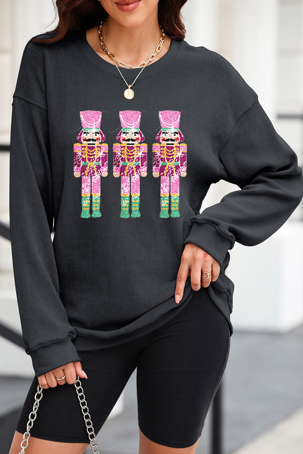 Black Sequin Christmas Corded Oversized Sweatshirt