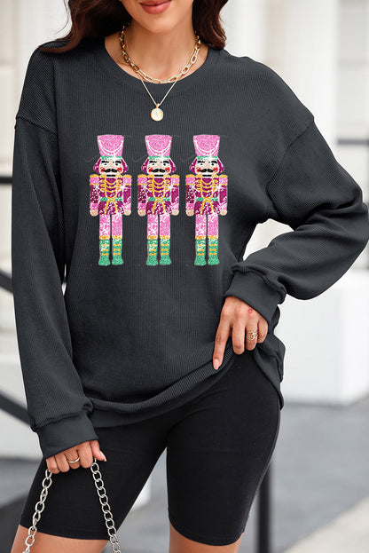 Black Sequin Christmas Corded Oversized Sweatshirt