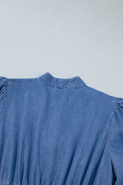 Denim Zip Front Smocked Waist Puff Sleeve Midi Dress