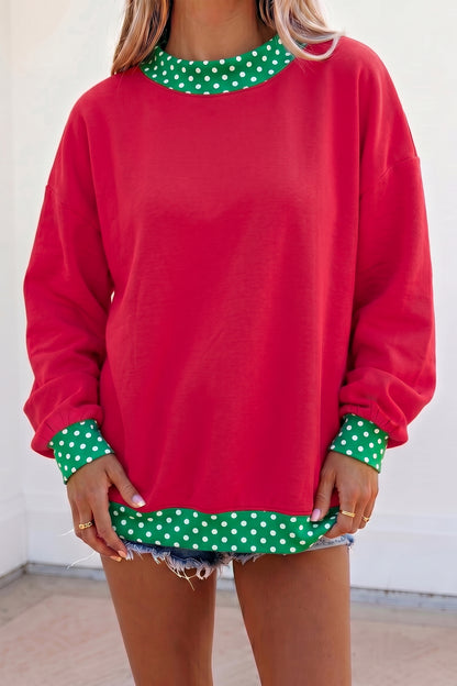 Red Polka Dot Trim Oversized Colorblock Sweatshirt