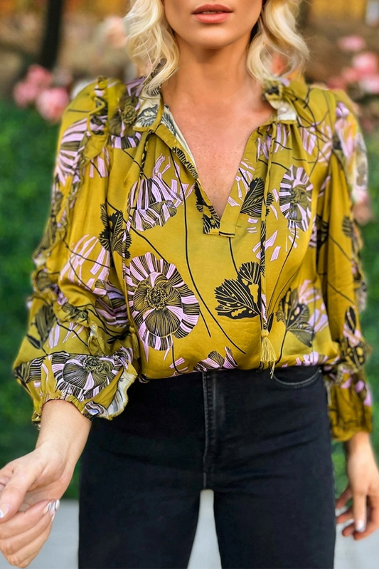 Yellow Vintage Floral V Neck Ruffle Long Sleeve Blouse
