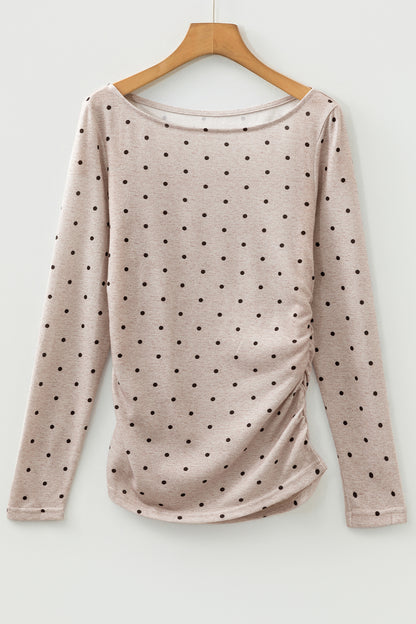 Dark Brown Polka Dot Boat Neck Long Sleeve Knit Top