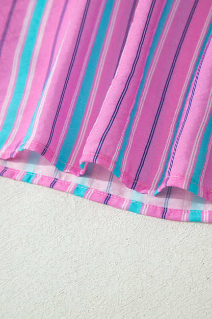 Pink Stripe Puff Sleeve Two Piece Shorts Set
