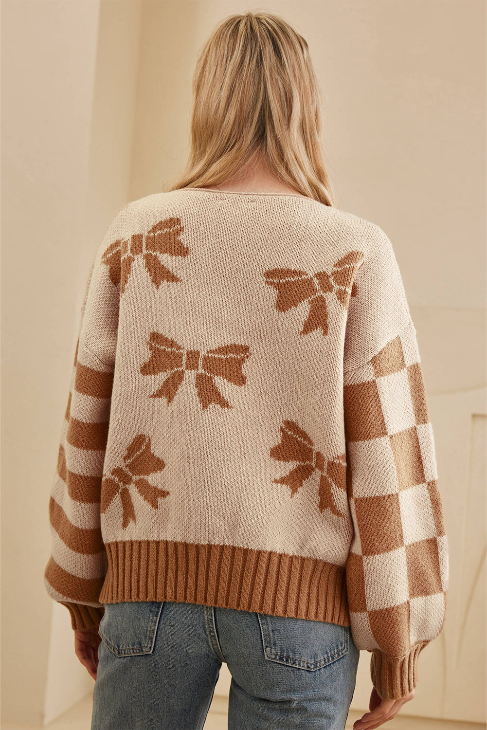 Bow Print Checkered Stripe Sleeve Drop Shoulder Sweater