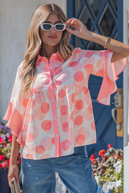 Abstract Dot Print Babydoll Top Women Ruffle Sleeve