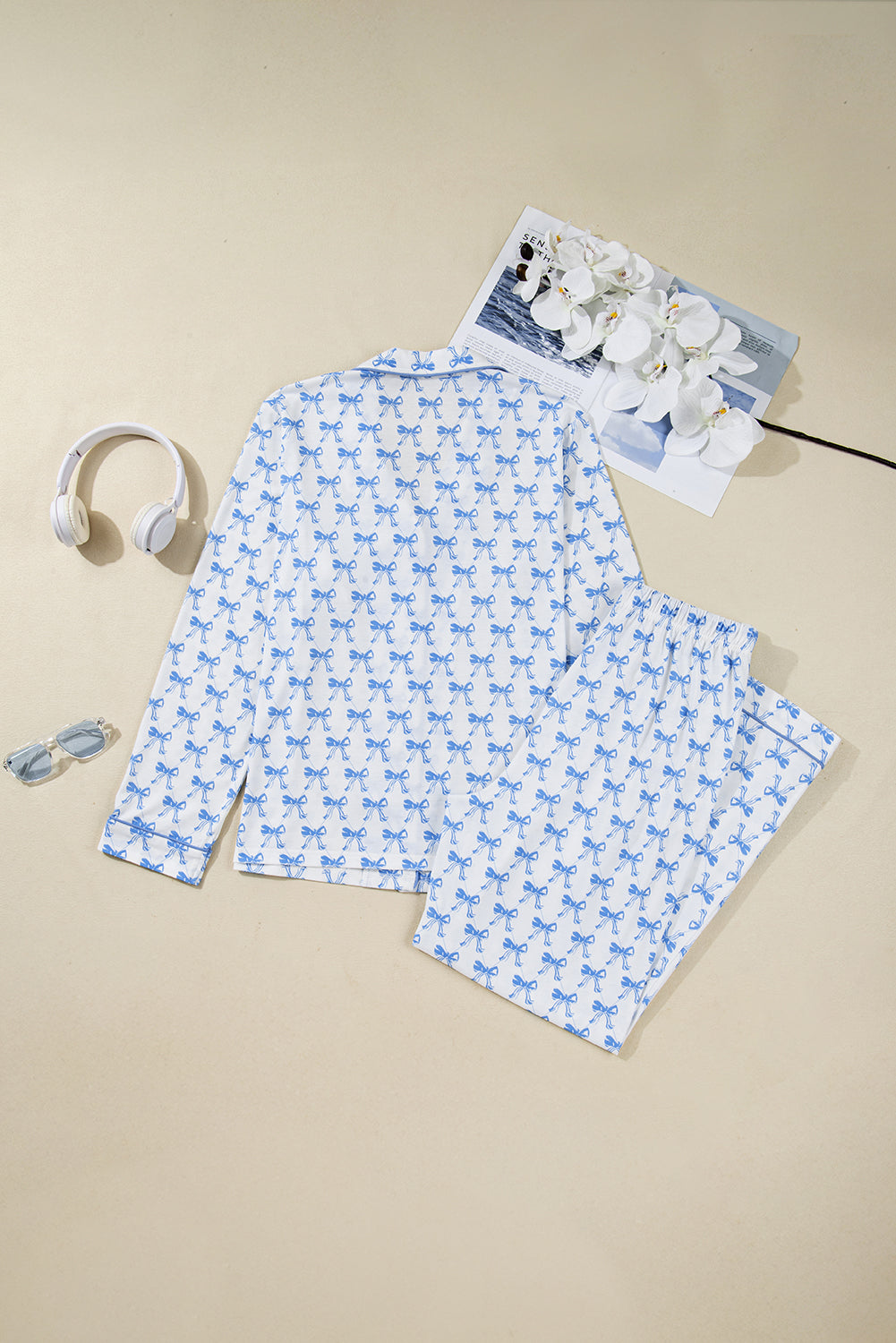 Soft Bow Print Long Sleeve Pajama Set with Pants