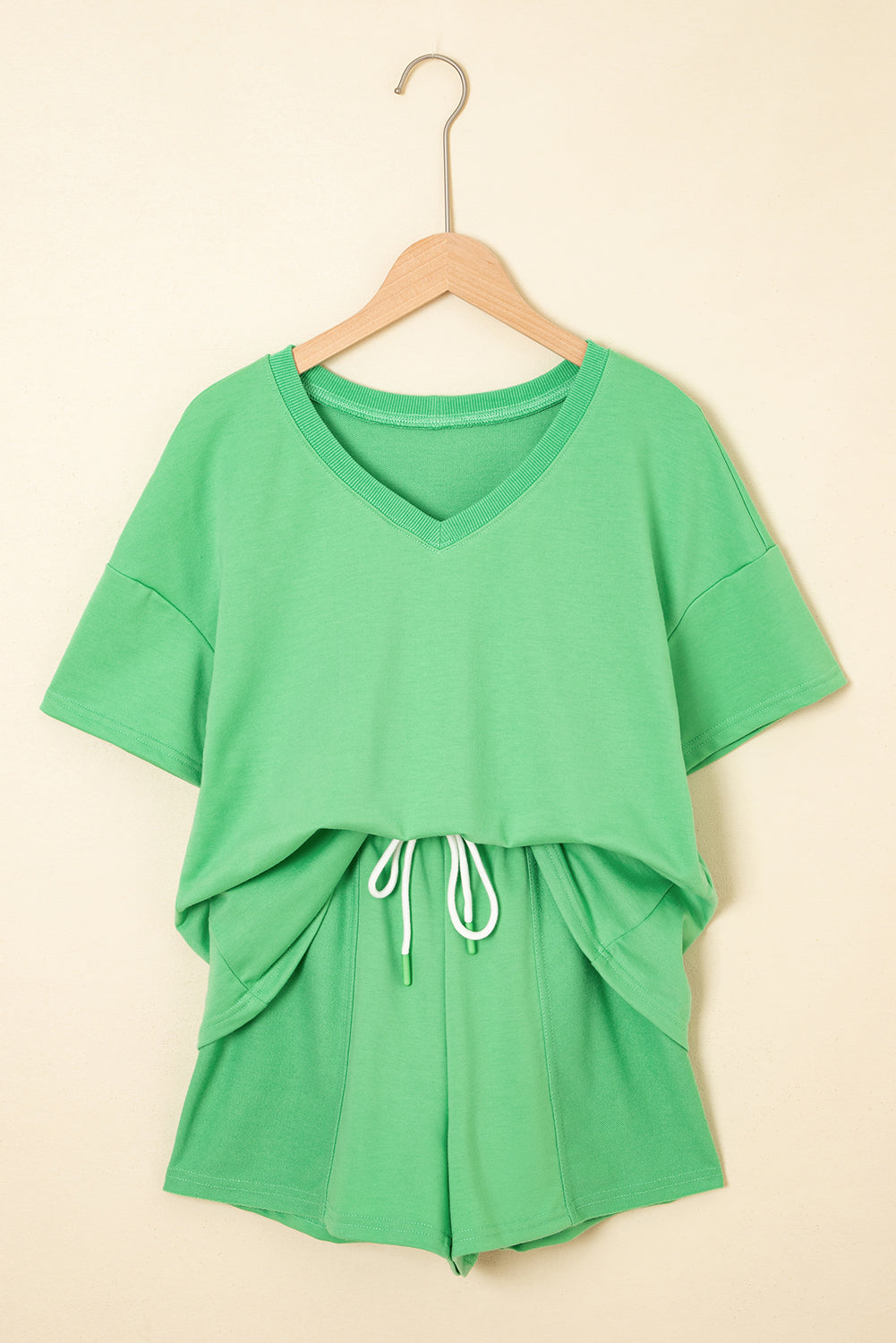 Pink V Neck Lounge Set Drawstring Shorts 2 Piece Set