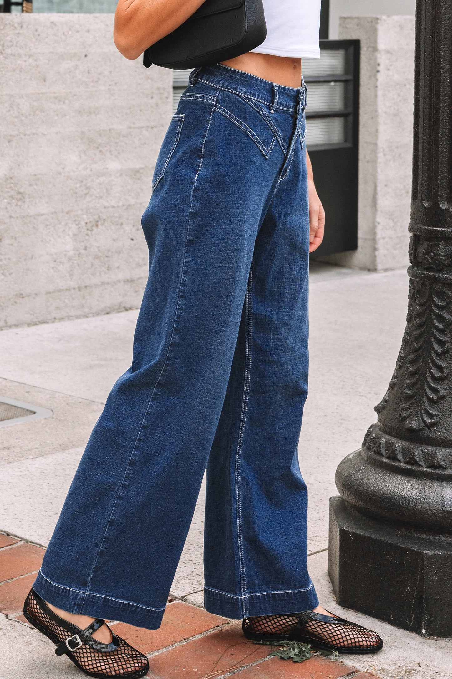 Sail Blue Stitched High Waist Loose Cuffed Jeans