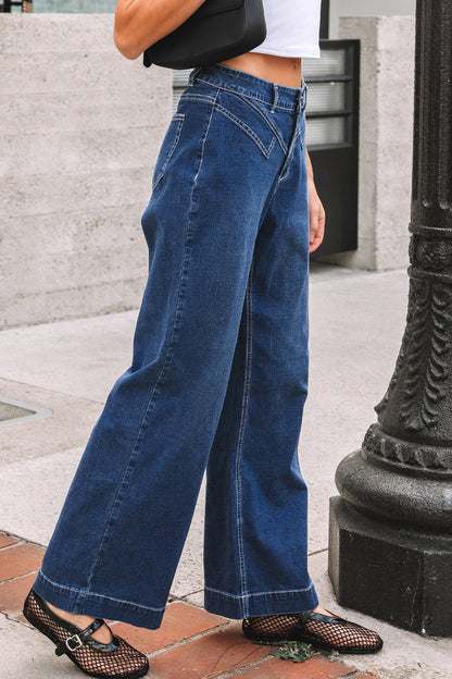 Sail Blue Stitched High Waist Loose Cuffed Jeans