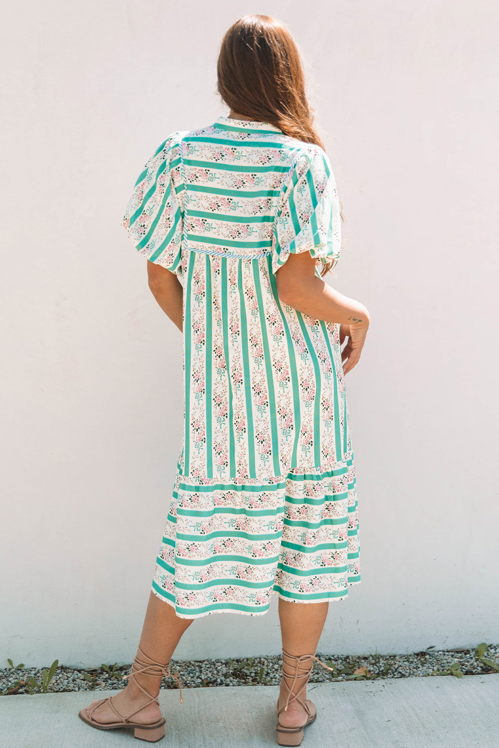 Women Striped Floral Print Puff Sleeve Midi Dress