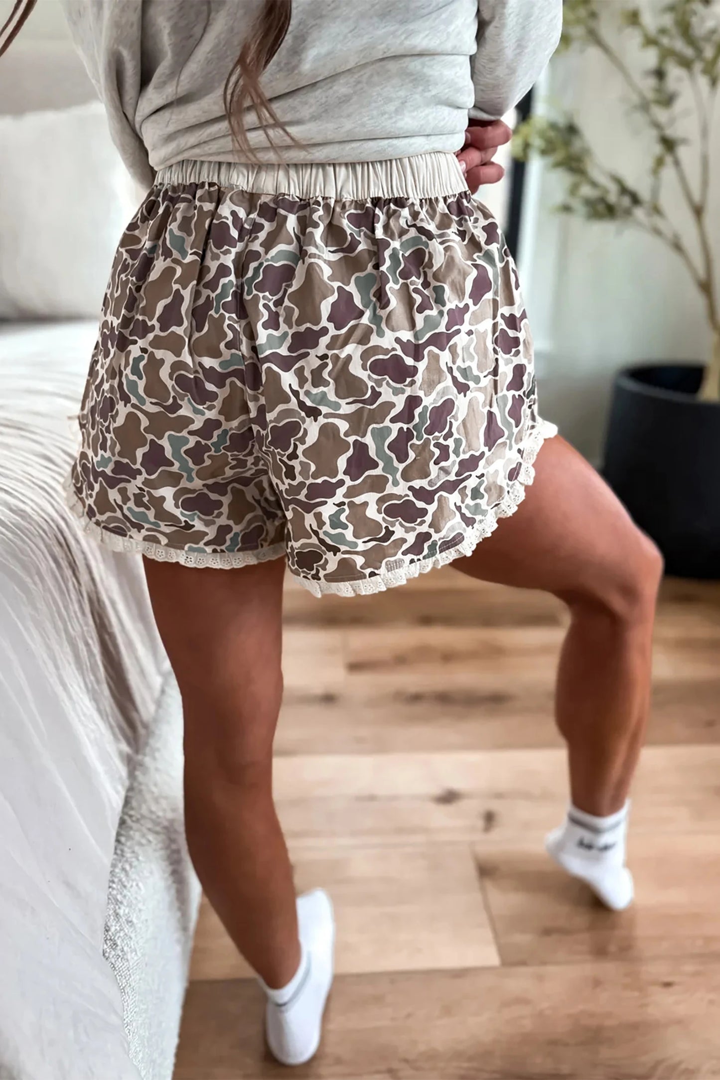 Camo Lace Trim Boxer Shorts Drawstring Lounge Shorts