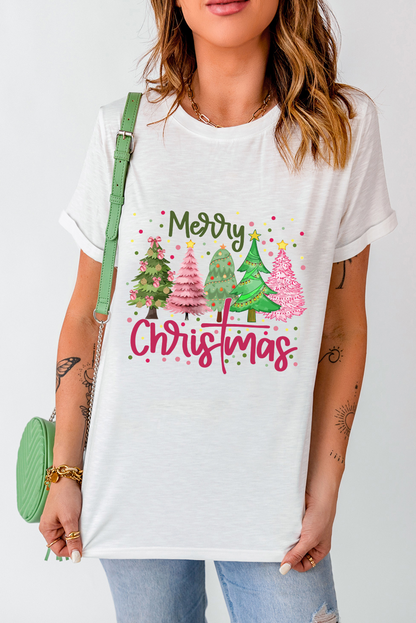 White Merry Christmas Trees Graphic Holiday Crewneck T Shirt