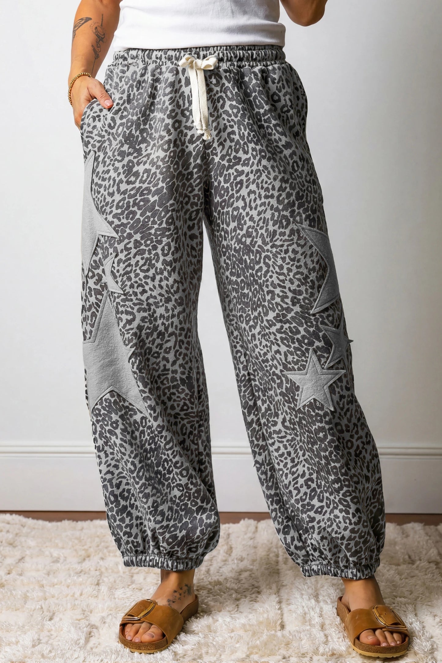 Leopard Star Patch Jogger Pants Drawstring Waist Loose