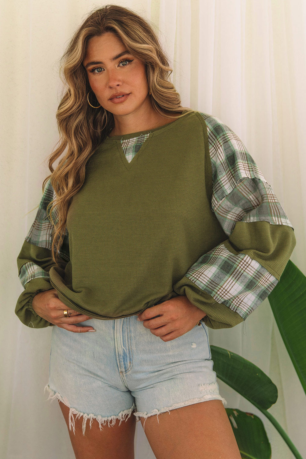 Green Plaid Patch Waffle Knit Exposed Seam Bubble Sleeve Top