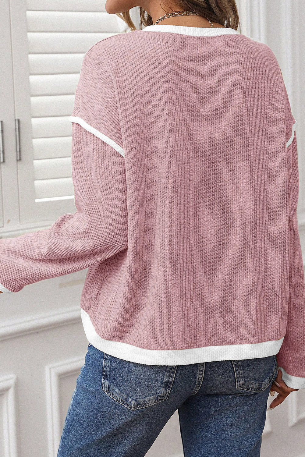 Women's Knit Top with Contrast Trim and Drop Shoulder