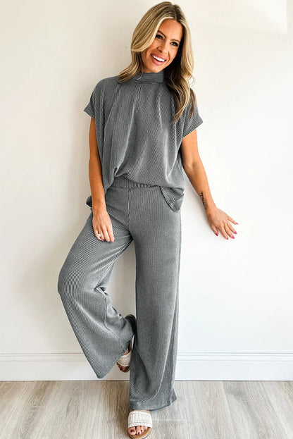 Burgundy Ribbed High Neck Tee Wide Leg Pant Set