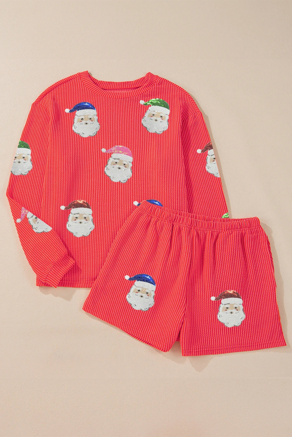 Gold Flame Father Christmas Sequin Patched Long Sleeve Top and Shorts Twisted Ribbed 2pcs Outfit