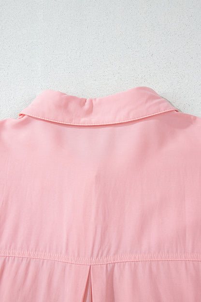 Pink Flap Pocket Tab Sleeve Button-Down Plus Size Shirt