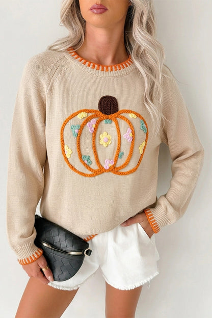 Pumpkin Knit Sweater Autumn Floral Embroidered Relaxed Fit