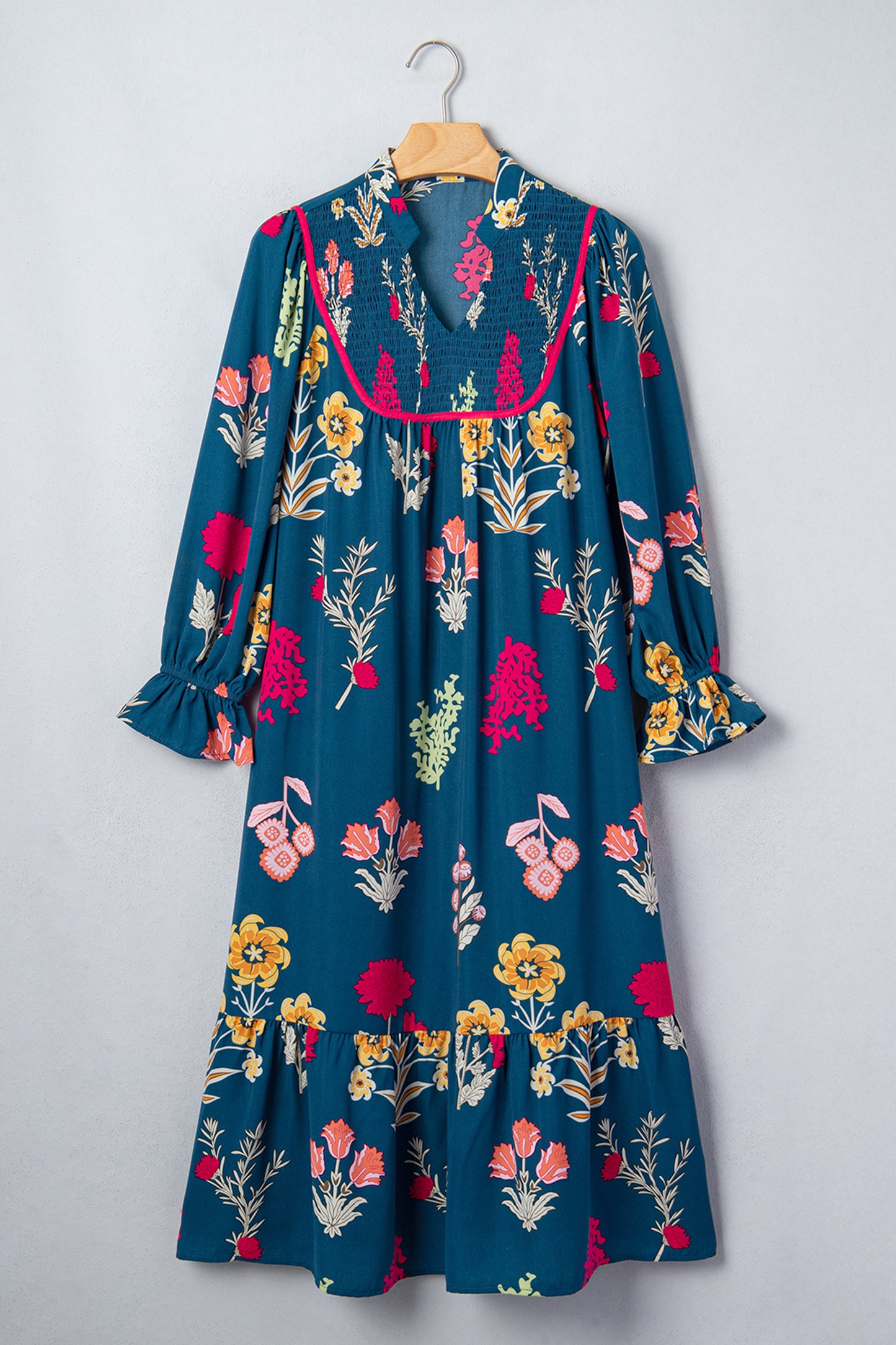 Blue Floral Print Gathered Neckline 7/8 Sleeve Casual Midi Dress