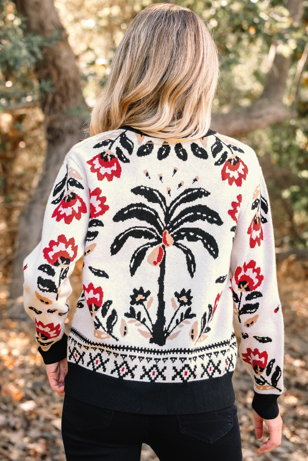 Floral V Neck Button Front Knit Cardigan Sweater