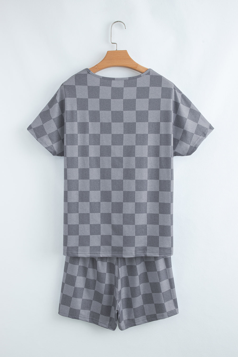 Beige Checkered Lounge Set V Neck Tee Shorts