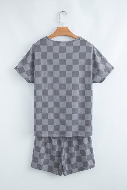 Beige Checkered Lounge Set V Neck Tee Shorts