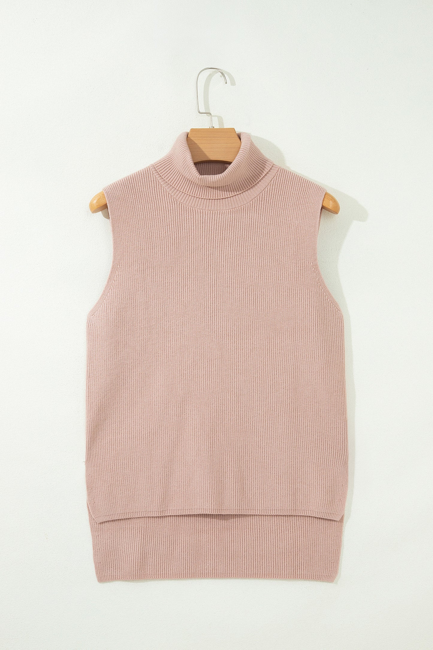 Beige Sleeveless Turtleneck Knit Sweater Vest Top