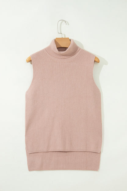 Beige Sleeveless Turtleneck Knit Sweater Vest Top
