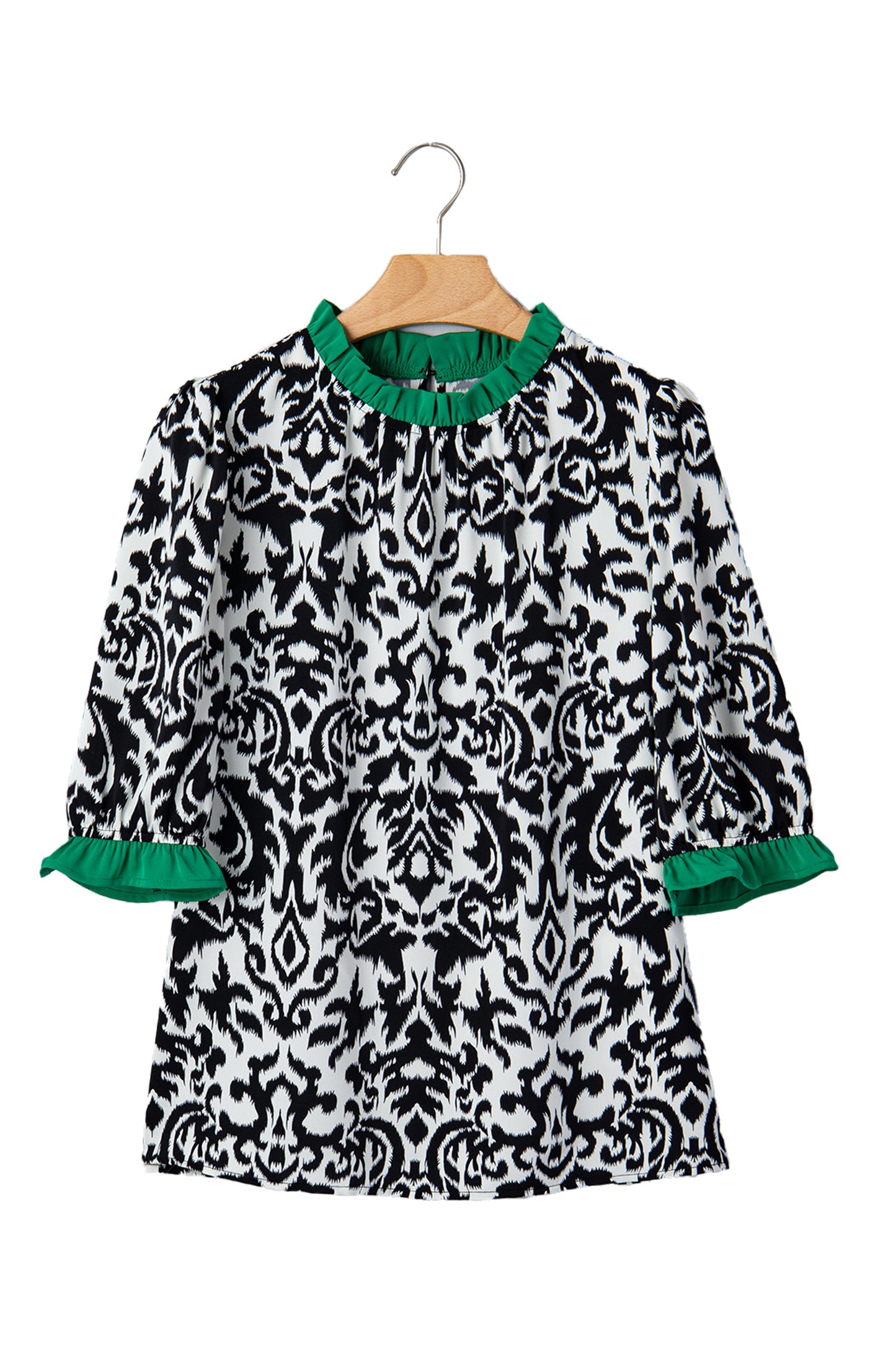 Damask Print Ruffle Trim Half Sleeve Casual Blouse