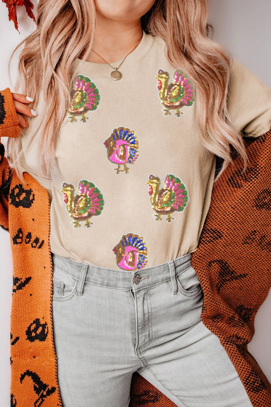 Khaki Sequin Turkey Graphic Crewneck Tee for Thanksgiving