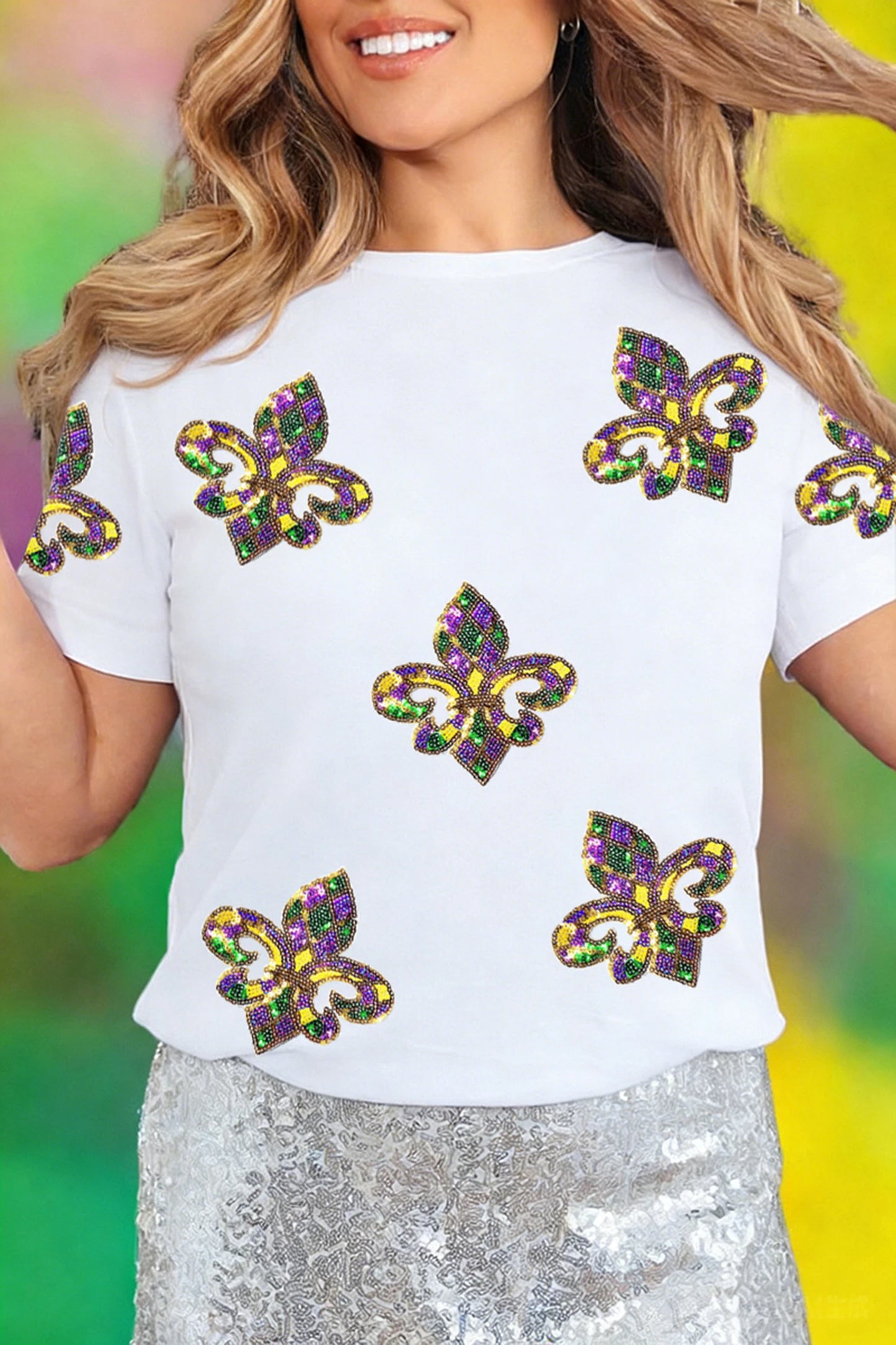 Black Mardi Gras Sequin Fleur De Lis Graphic T-Shirt