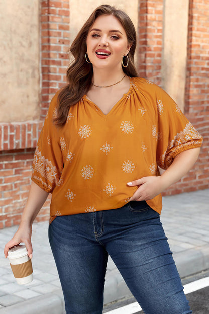 Green Boho Chic Notched V Neck Plus Floral Short Sleeve Top