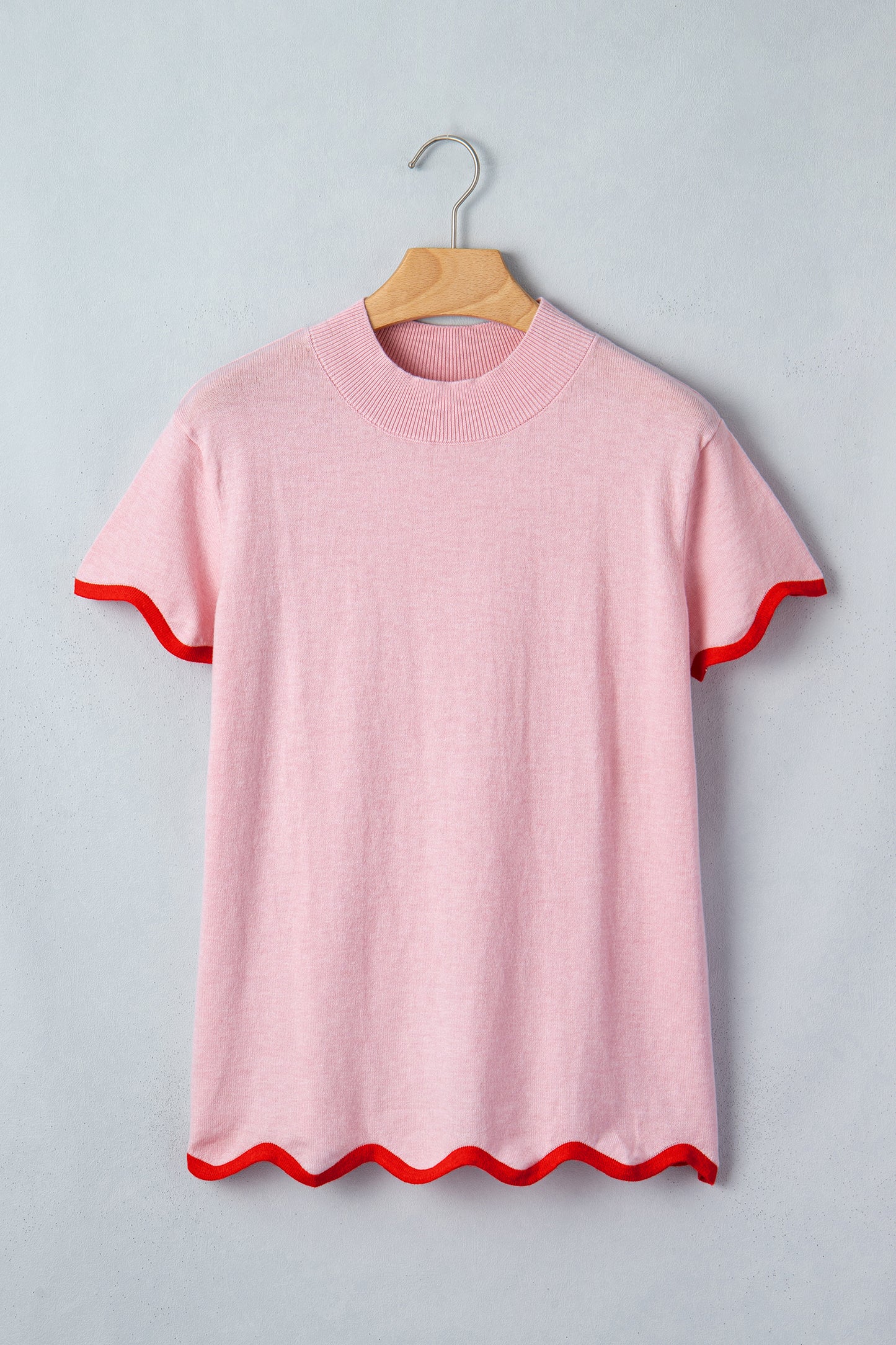 Pink Contrast Scallop Trim Mock Neck Sweater Tee