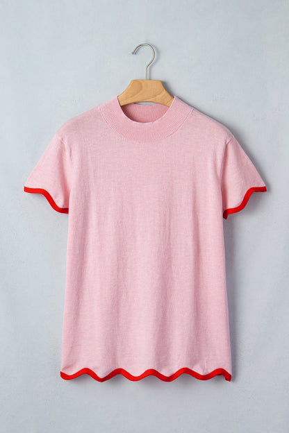 Pink Contrast Scallop Trim Mock Neck Sweater Tee