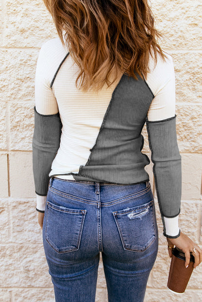 Irregular Color Block Rib Knit Long Sleeve Top