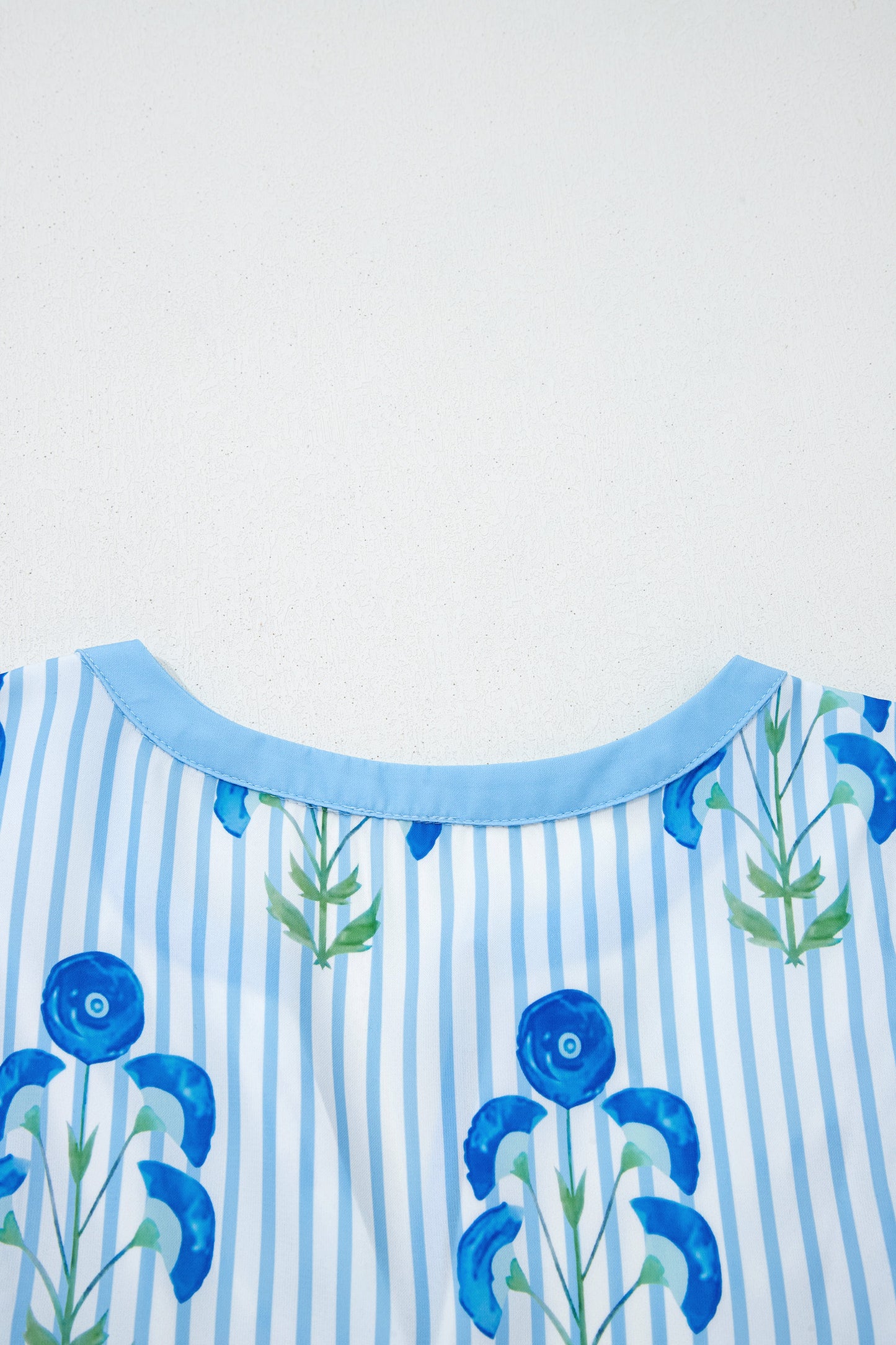 Sky Blue Floral Striped Print Tie Notched Neck Puff Sleeve Flared Mini Dress