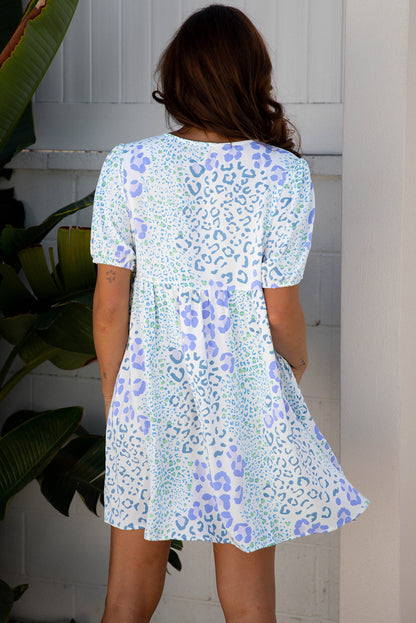 Floral Tie Neck Mini Dress Puff Sleeve Babydoll Style