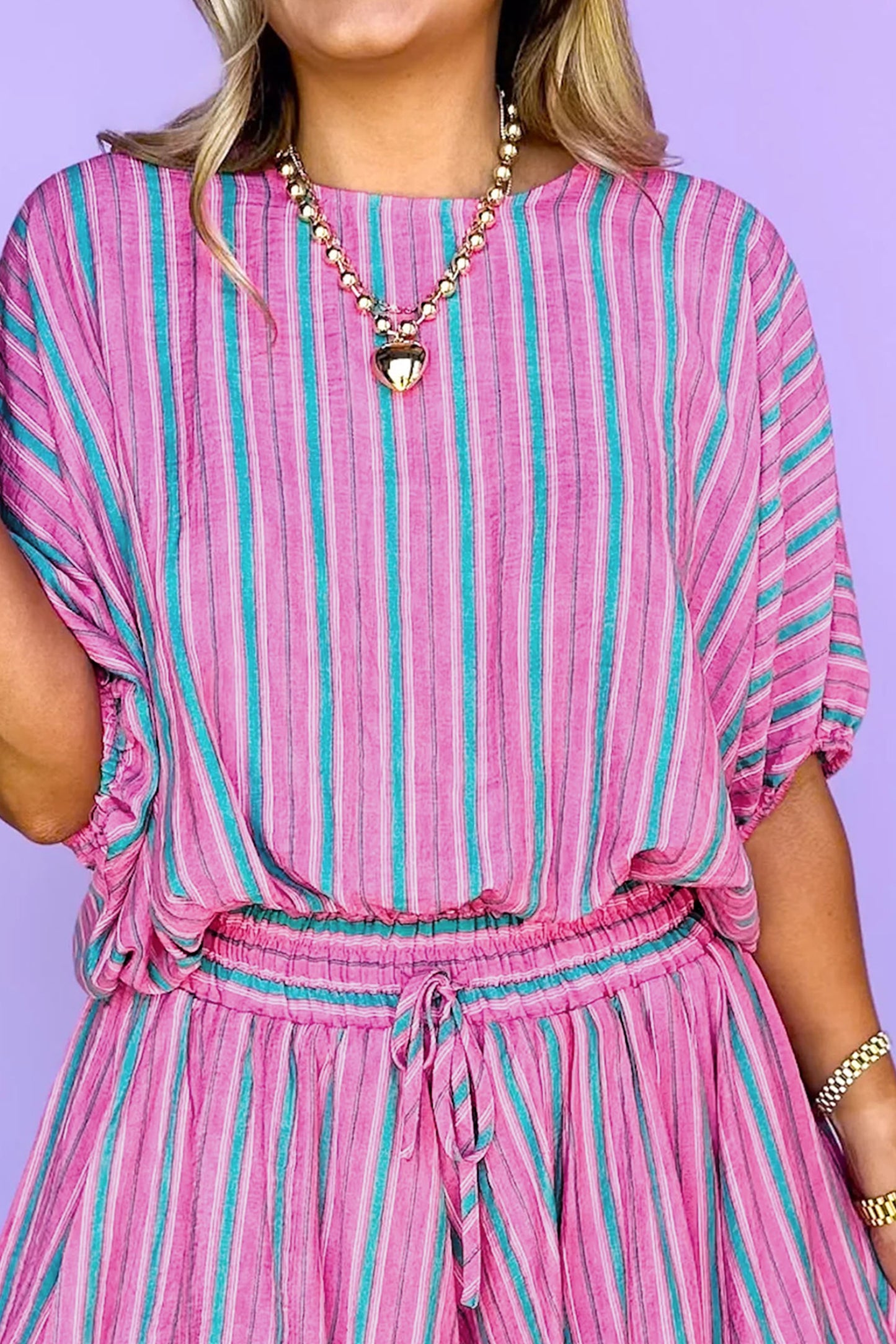 Pink Stripe Puff Sleeve Two Piece Shorts Set