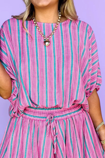 Pink Stripe Puff Sleeve Two Piece Shorts Set