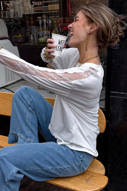 White Lace Sleeve Casual Round Neck Long Sleeve Top Women