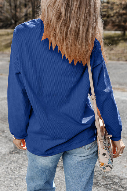 Dark Blue Game Day Sequin Football Patch Ribbed Sweatshirt